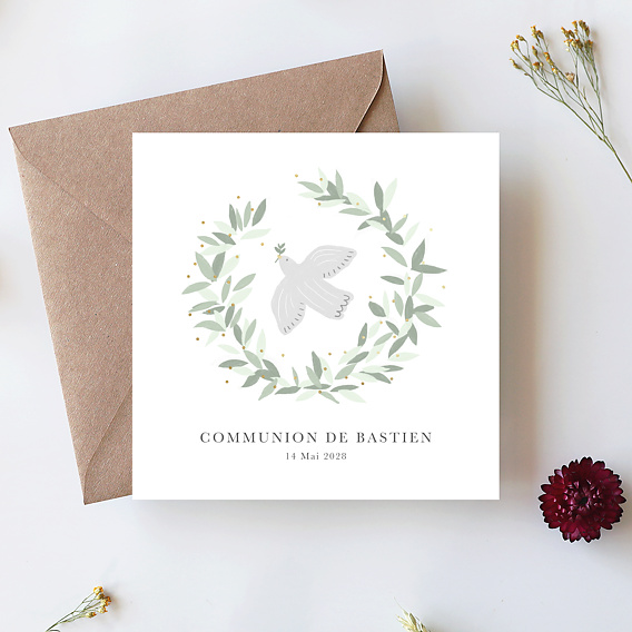Faire-part communion Colombe Eucalyptus