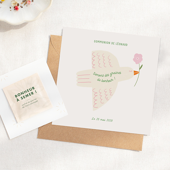 Faire-part communion Colombe Fleurie Graines