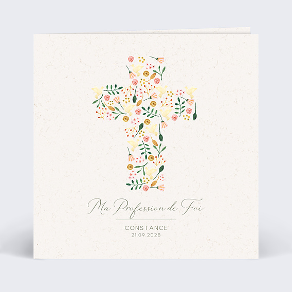 Faire-part communion Croix Fleurie Profession de Foi