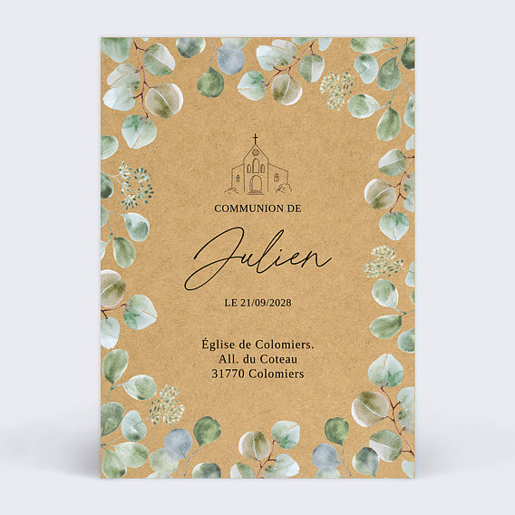 Faire-part Communion Eucalyptus Original Kraft
