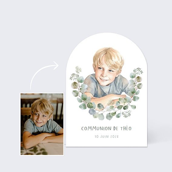 Faire-part Communion Portrait en aquarelle avec couronne eucalyptus