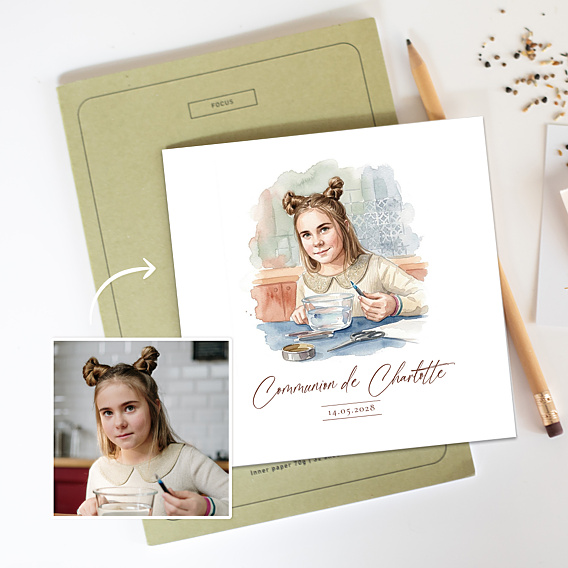 Faire-part communion Portrait en aquarelle