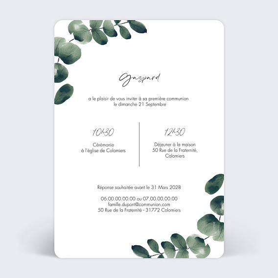 Faire-part communion Branche d'Eucalyptus Verso