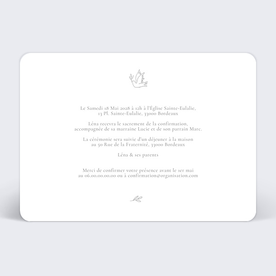 Faire-part communion Eglise Florale Confirmation  Verso