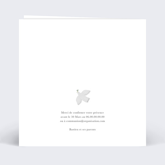 Faire-part communion Colombe Eucalyptus Verso