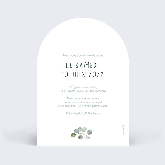 Faire-part Communion Portrait en aquarelle avec couronne eucalyptus