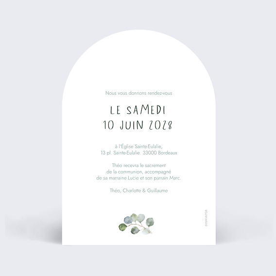 Faire-part Communion Portrait en aquarelle avec couronne eucalyptus