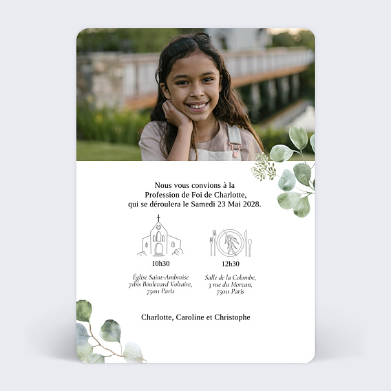 Faire-part communion Eucalyptus Original Profession de Foi Verso