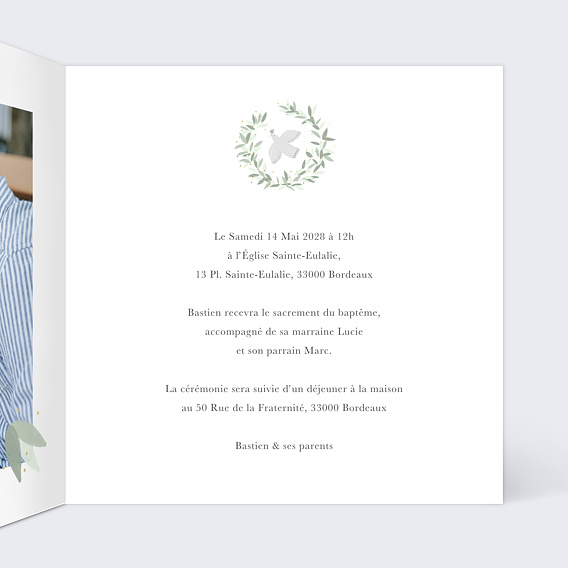 Faire-part communion Colombe Eucalyptus Profession de Foi Intérieur Droit