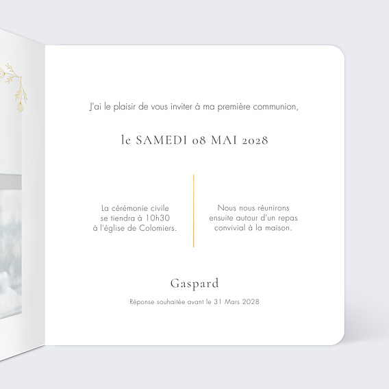 Faire-part communion Couronne Dorée Intérieur Droit
