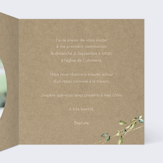 Faire-part communion Nature Kraft Intérieur Droit