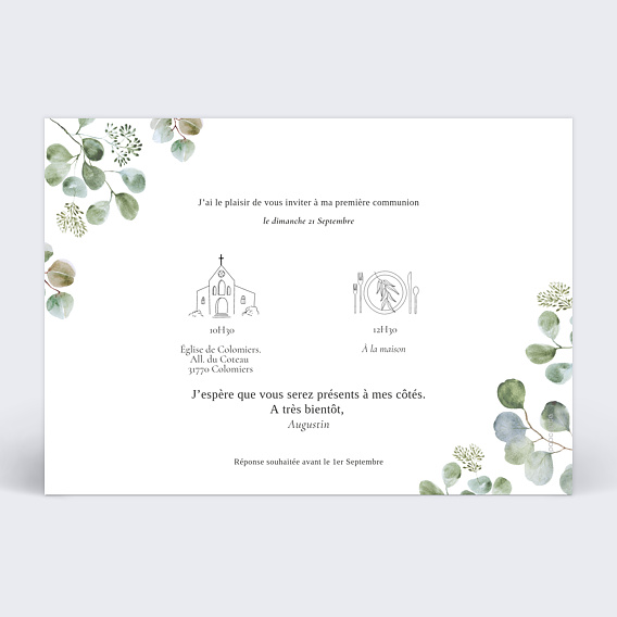 Faire-part communion Photo Eucalyptus Verso