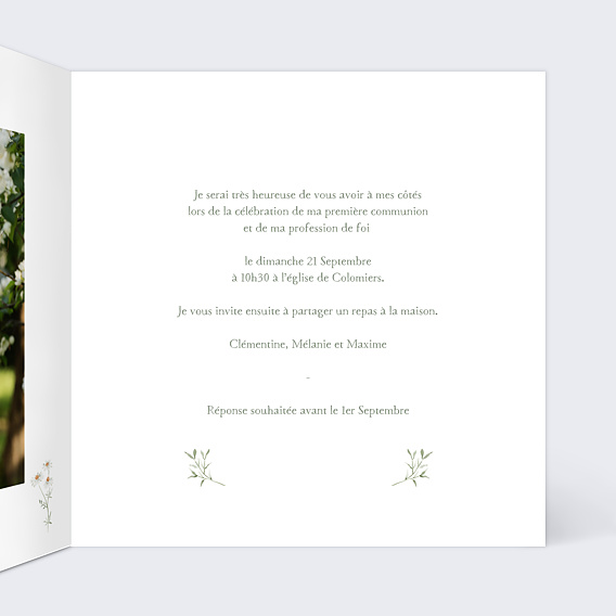 Faire-part communion Champêtre Blanc Intérieur Droit