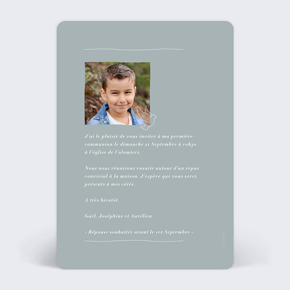 Faire-part communion Lettrine Colombe Verso