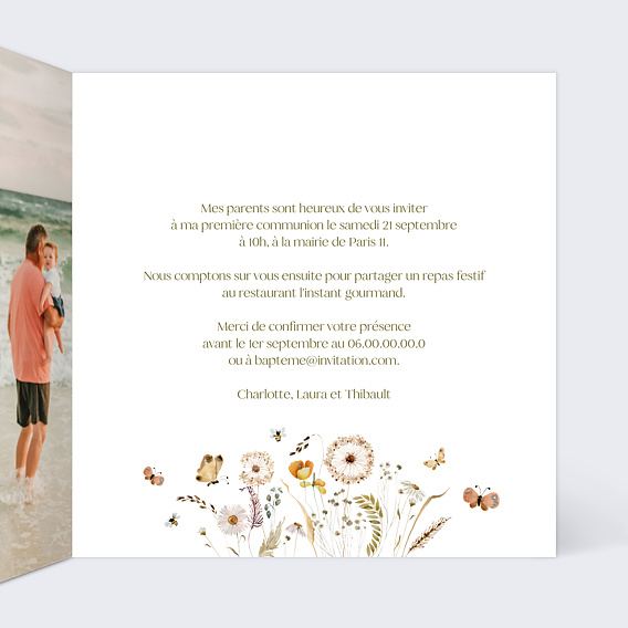 Faire-part communion Papillon et Fleurs Communion Intérieur Droit