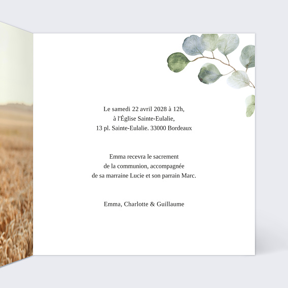 Faire-part Communion Couronne Eucalyptus verte