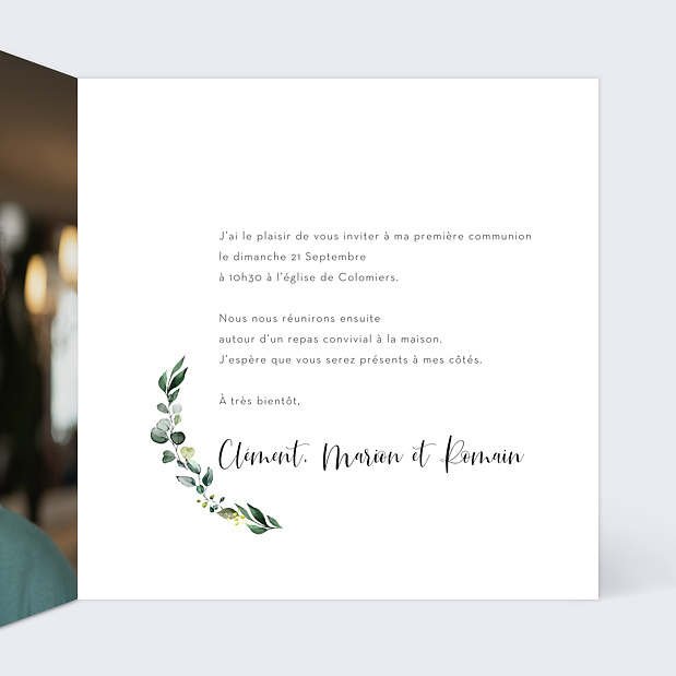 Faire-part Communion Couronne Eucalyptus Intérieur Droit