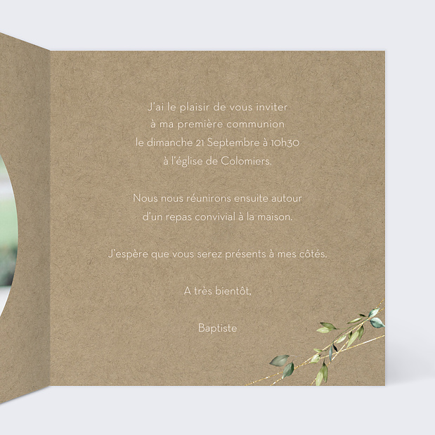 Faire-part Communion Nature Kraft Intérieur Droit