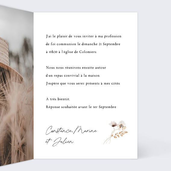 Faire-part communion Couronne de Fleurs Sauvages Profession de Foi Intérieur Droit
