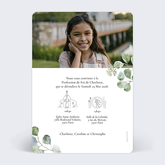 Faire-part Communion Eucalyptus Original Profession de Foi