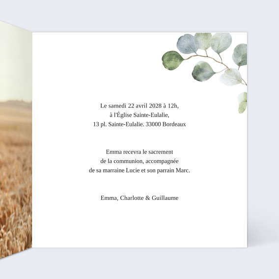 Faire-part communion Couronne Eucalyptus verte Intérieur Droit