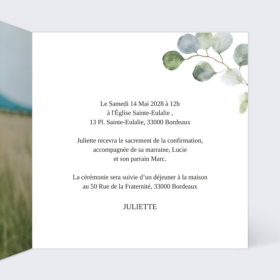 Faire-part communion Couronne Ocre Eucalyptus Confirmation Intérieur Droit