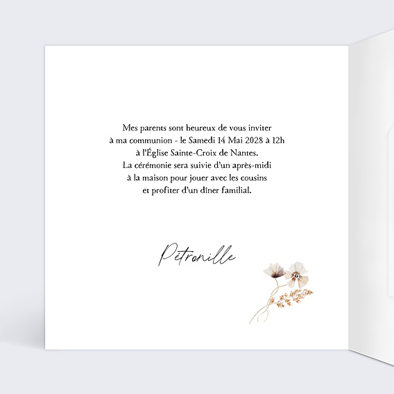 Faire-part communion Couronne de Fleurs Sauvages Graines Intérieur Gauche