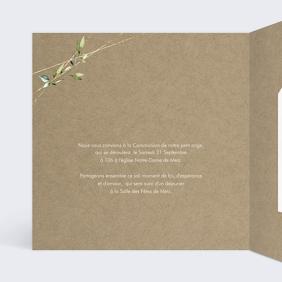 Faire-part communion Nature Kraft Graines Intérieur Gauche