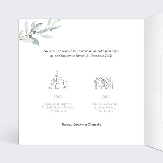 Faire-part communion Petite Croix Graines Intérieur Gauche