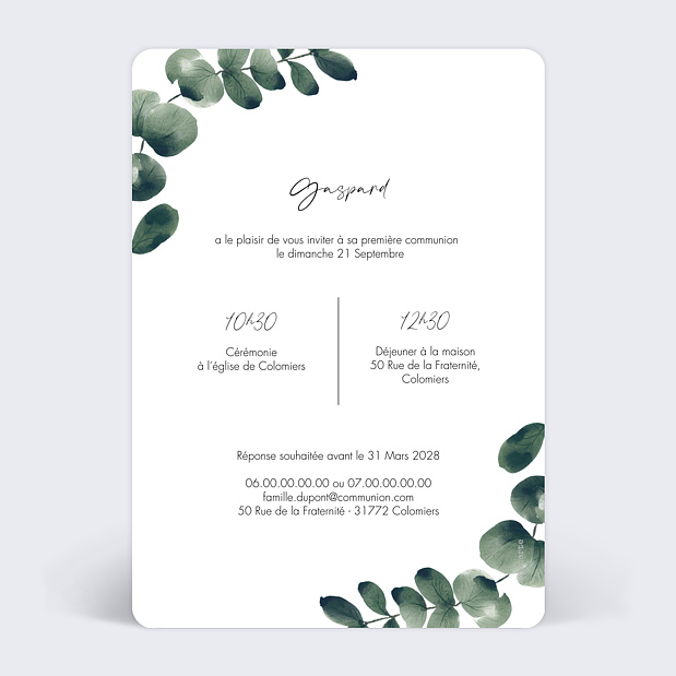 Faire-part Communion Branche d'Eucalyptus Verso