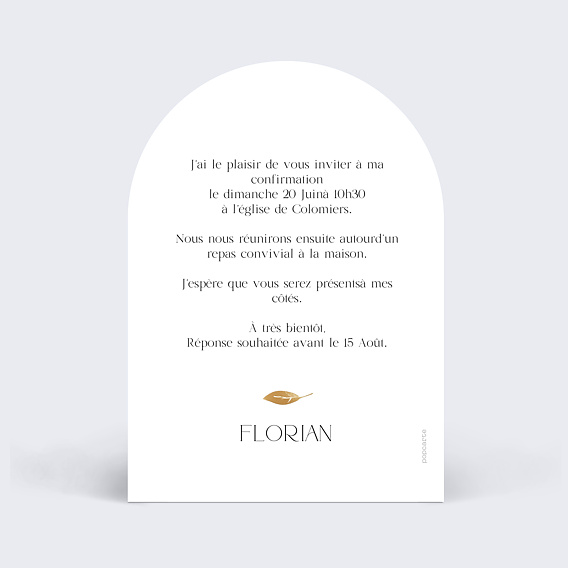 Faire-part communion Couronne Chic Arche Confirmation Verso