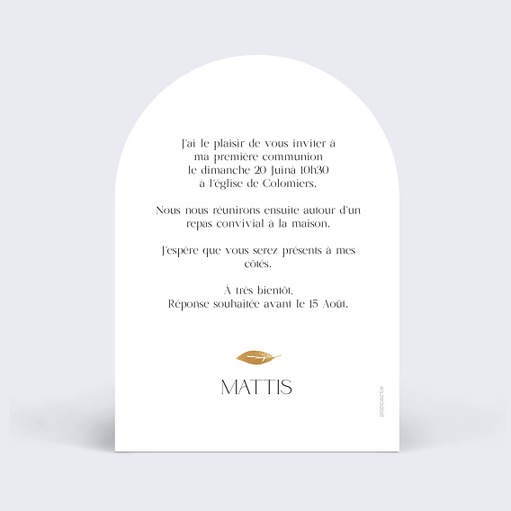 Faire-part communion Couronne Chic Arche Verso