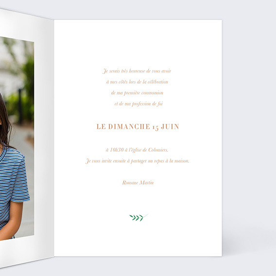 Faire-part communion Colombe Lettrine Intérieur Droit