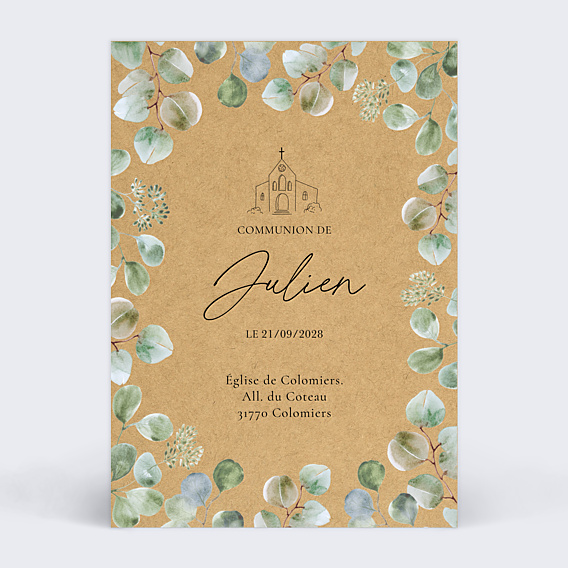 Faire-part Communion Eucalyptus Original Kraft