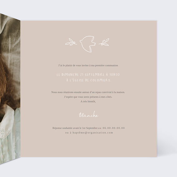 Faire-part communion Colombe au Crayon Intérieur Droit