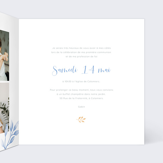 Faire-part communion Bleuet Intérieur Droit