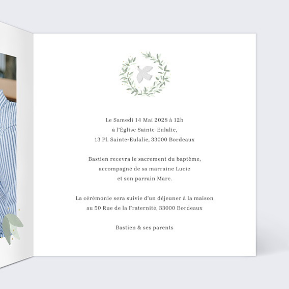 Faire-part Communion Colombe Eucalyptus Profession de Foi