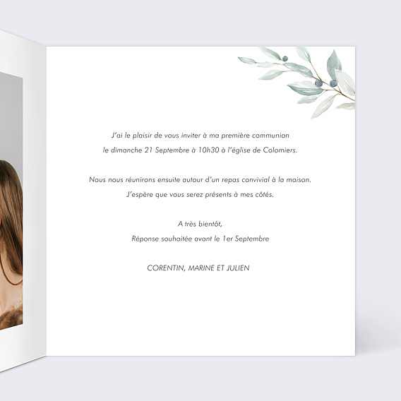 Faire-part communion Petite Croix Intérieur Droit