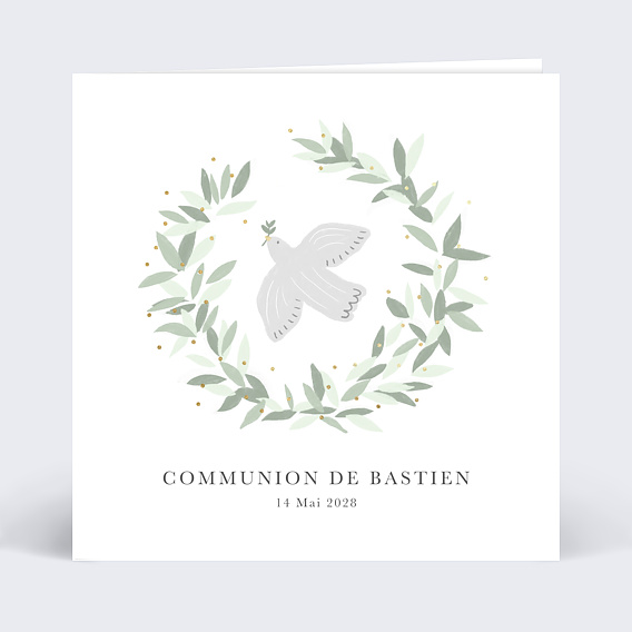 Faire-part communion Colombe Eucalyptus Recto