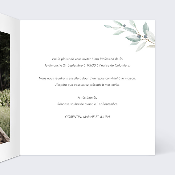 Faire-part communion Petite croix Profession de foi Intérieur Droit