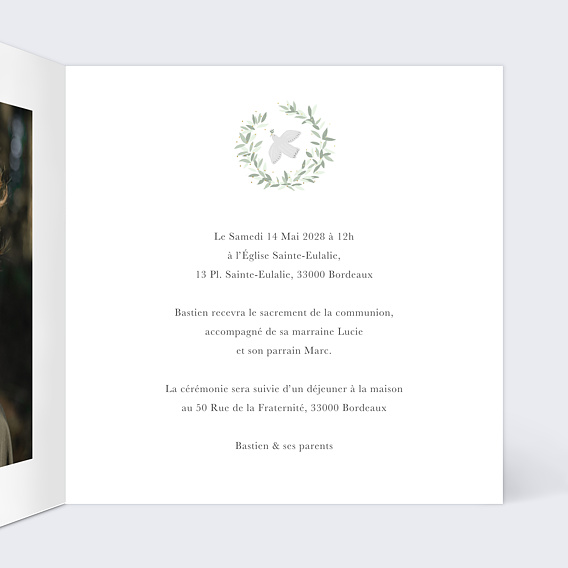 Faire-part Communion Colombe Eucalyptus