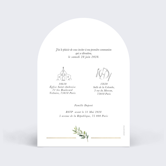 Faire-part communion Arche Végétal Chic Verso