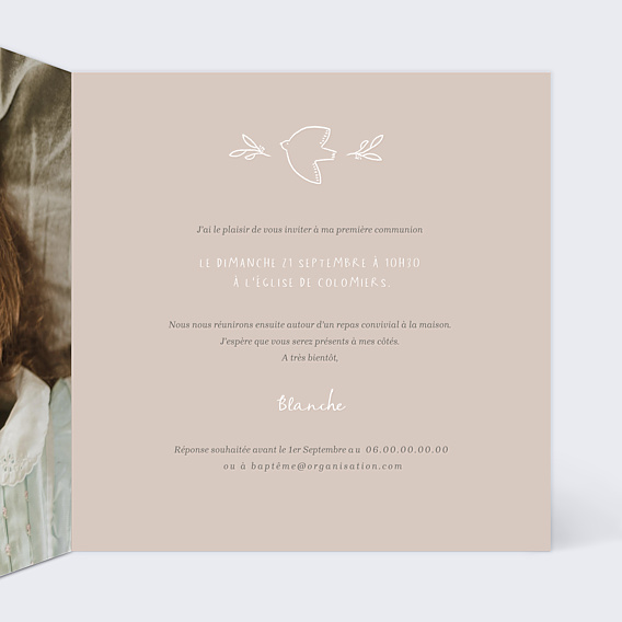 Faire-part Communion Colombe au Crayon