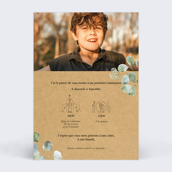 Faire-part Communion Eucalyptus Original Kraft
