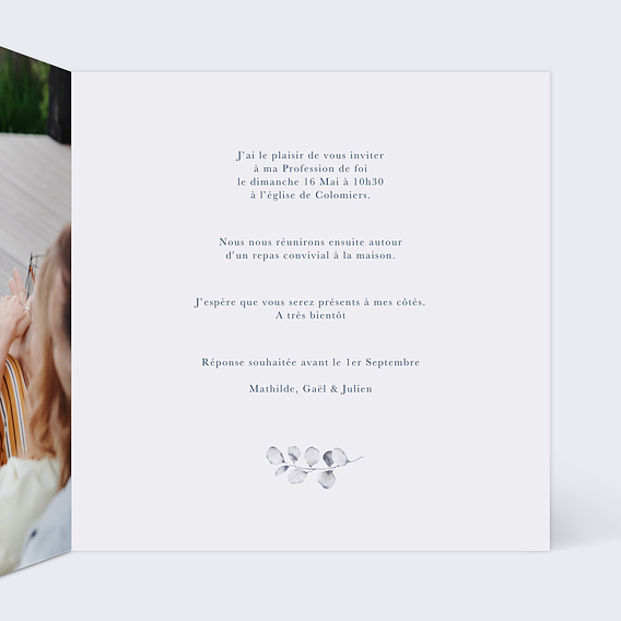 Faire-part communion Couronne classique bleue Intérieur Droit