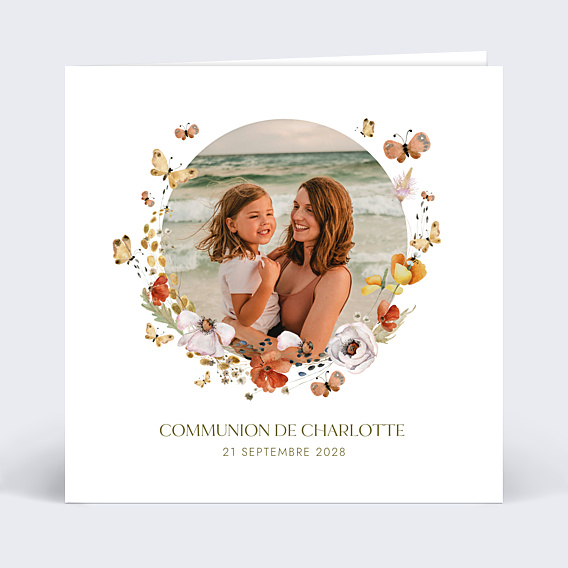 Faire-part Communion Papillon et Fleurs Communion