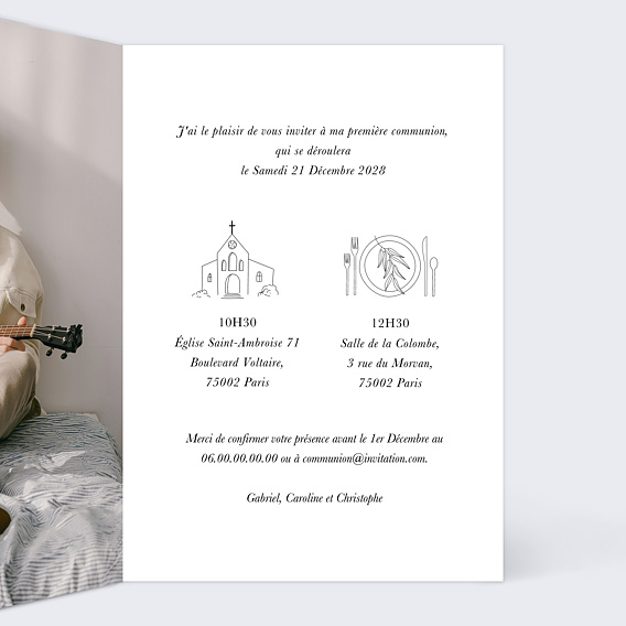 Faire-part communion Colombe Kraft Intérieur Droit