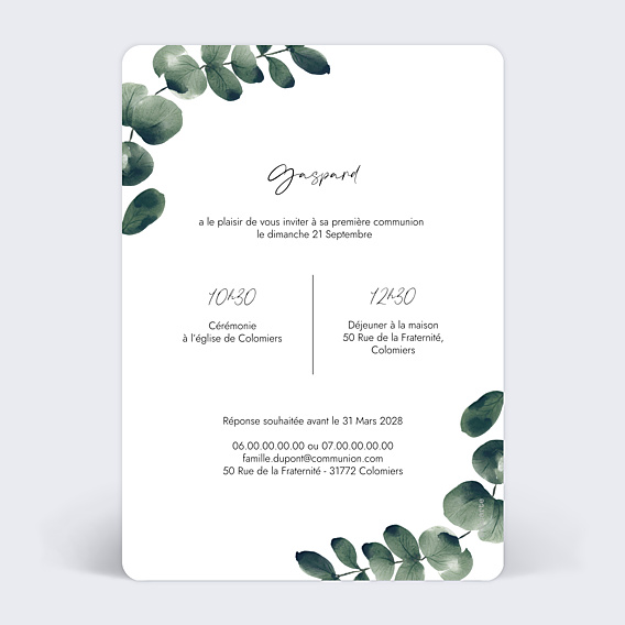 Faire-part Communion Branche d'Eucalyptus