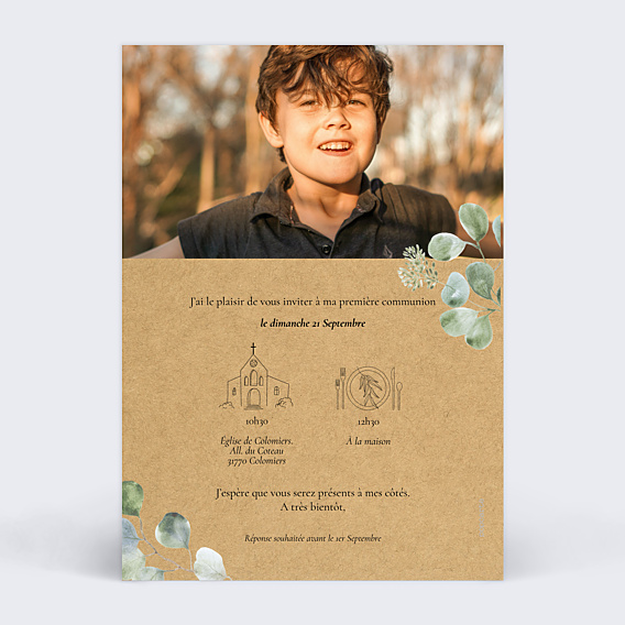 Faire-part Communion Eucalyptus Original Kraft