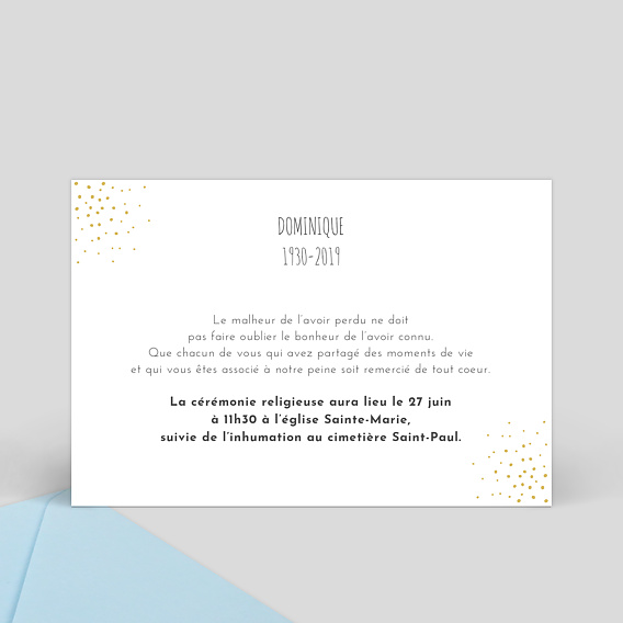 Faire-part décès Dorure Poussière d'Etoiles Verso